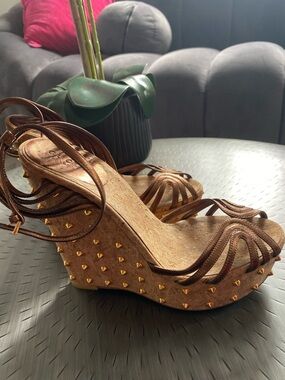 Gucci Brown Cork Wedge Sandals with Gold Studs